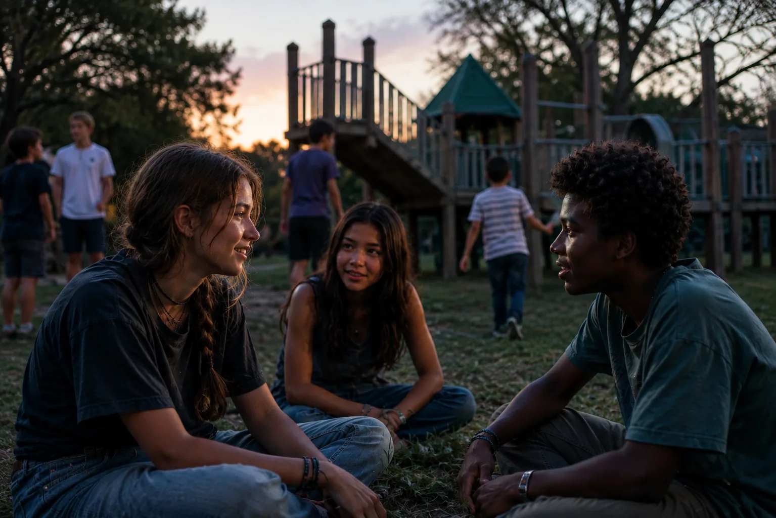 Teenagers talking together outdoors near a playground at the end of the day.
